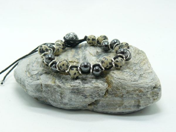 bracelet jaspe dalmatien-hématite-cordon noir perles 8 mm